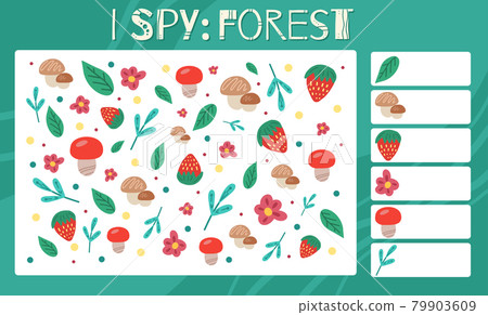 I spy game. Childrens educational fun. Count how many forest elements. Flat hand drawn mushroom, strawberry, leaves and dots. Vector natural template for preschool games. I spy game. Childrens educational fun. Count how many forest elements. Flat hand drawn mushroom, strawberry, leaves and dots. Vector natural template for preschool games. 79903609