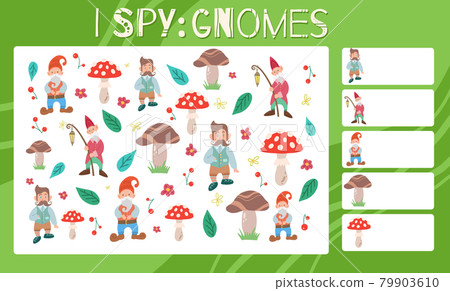 I spy game. Childrens educational fun. Count how many gnomes. Flat hand drawn mushroom, s I spy game. Childrens educational fun. Count how many gnomes. Flat hand drawn mushroom, s 79903610