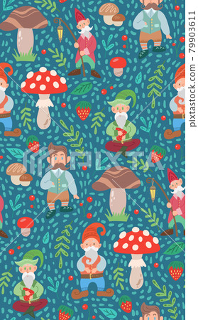 Simple childish pattern with gnomes, natural and doodle decorations. Texture with leprechauns, foliage, mushrooms and berries on blue background. Hand drawn fairy backdrop 79903611
