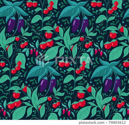 Seamless pattern with vegetables, foliage and doodle decoration. Vector texture with eggplants, cherry tomatoes, chili peppers on dark background. Natural garden wallpaper. 79903612