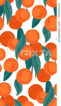 Seamless flat texture with peaches on branches with foliage on white background. Cartoon pattern with apricot. Hand-drawn wallpaper with nectarine. Seamless flat texture with peaches on branches with foliage on white background. Cartoon pattern with apricot. Hand-drawn wallpaper with nectarine. 79903614