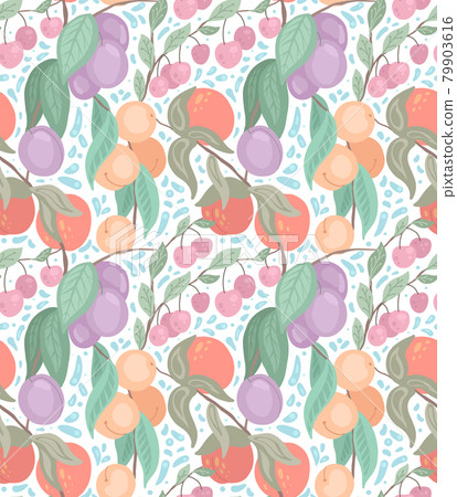 Seamless flat delicate texture with cherries, peaches, plums on branches with foliage on white background with doodle decoration. Cartoon pattern with berries Seamless flat delicate texture with cherries, peaches, plums on branches with foliage on white background with doodle decoration. Cartoon pattern with berries 79903616