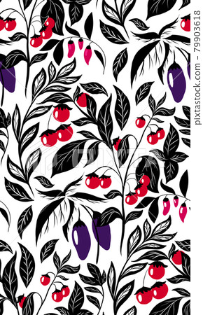 Seamless monochrome pattern with vegetables and foliage. Vector texture with black silhouette of eggplants, cherry tomatoes, chili peppers on white background. Seamless monochrome pattern with vegetables and foliage. Vector texture with black silhouette of eggplants, cherry tomatoes, chili peppers on white background. 79903618