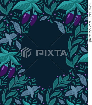 Card with pattern of eggplants on the bushes, basil twigs and doodle decoration with copy space on dark background. Vector natural flat card. Gardening. Card with pattern of eggplants on the bushes, basil twigs and doodle decoration with copy space on dark background. Vector natural flat card. Gardening. 79903620