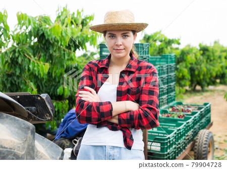 Portrait of successful owner of orchard with freshly gathered cherry 79904728