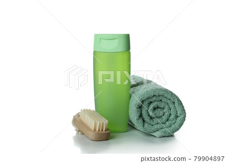 Shower gel, towel and brush isolated on white background Shower gel, towel and brush isolated on white background 79904897