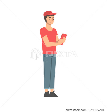 Man Volunteer in Red Cap Hand Out Leaflet Engaged in Charity Activity Vector Illustration Man Volunteer in Red Cap Hand Out Leaflet Engaged in Charity Activity Vector Illustration 79905201