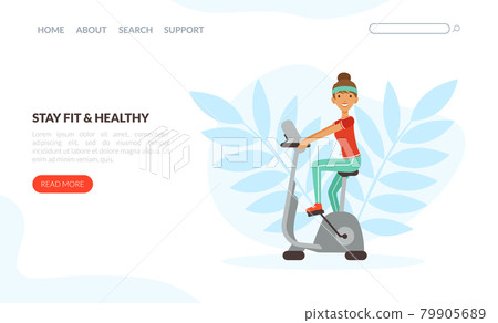 Landing Page with Young Woman Character with Headband and Sportswear on Cycle Ergometer Vector Template 79905689