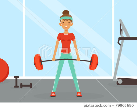 Young Woman Character with Headband and Sportswear Lifting Heavy Barbell Vector Illustration 79905690