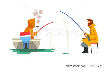 Bearded Male Fisherman with Fishing Rod on Boat Angling and Smoking Pipe Vector Set 79905743