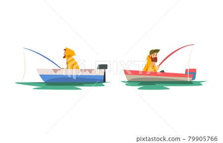 Bearded Male Fisherman with Fishing Rod Angling Sitting in Boat Vector Set 79905766