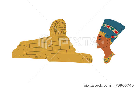 Nefertiti Bust as Great Royal Wife of Egyptian Pharaoh and Androsphinx Sand Statue Vector Set 79906740