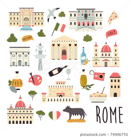 Tourist abstract design with famous destinations and landmarks of Rome. Tourist abstract design with famous destinations and landmarks of Rome. 79906750