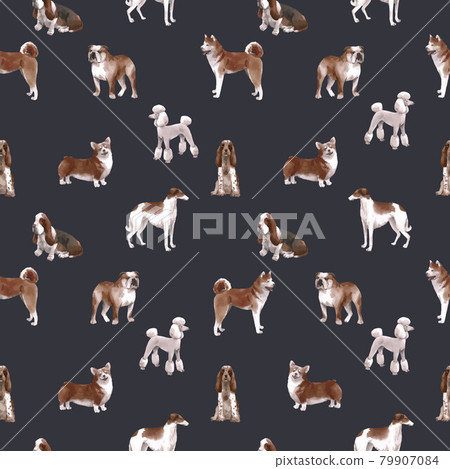 Beautiful vector seamless pattern with cute watercolor hand drawn dog breeds Cocker spaniel Greyhound Basset hound Poodle Bulldog and Welsh corgi pembroke . Stock illustration. 79907084