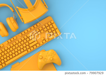 Top view of gamer workspace and gear like mouse, keyboard, joystick, headset, VR 79907929
