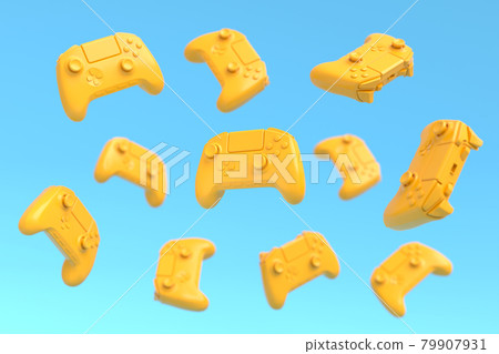 Flying gamer joysticks or gamepads on blue and yellow background with blur 79907931