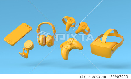 Flying gamer gears like mouse, keyboard, joystick, headset, VR Flying gamer gears like mouse, keyboard, joystick, headset, VR 79907933