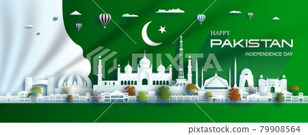 Illustration Anniversary celebration pakistan day with green flag background. 79908564
