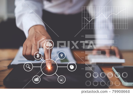 Business woman using application in digital tablet with virtual financial icon on screen 79908668