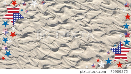 Digitally generated image of american flag design over stars against sand in background Digitally generated image of american flag design over stars against sand in background 79909275