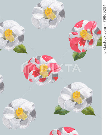 斑駁和白色山茶花圖案淺藍色背景_real touch_vertical 79909294