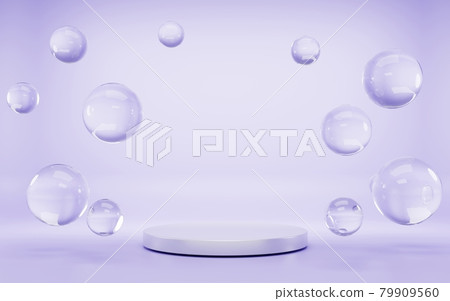 Podium, abstract geometric empty cylindrical stage for award ceremony, product presentation platform, pedestal with water drops or soap bubbles on purple background. Realistic 3d illustration banner 79909560