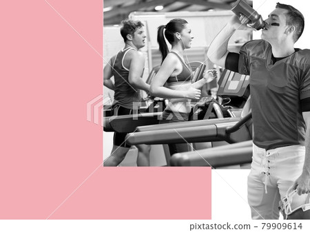 Rugby player drinking water over man and woman running on treadmill against pink background Rugby player drinking water over man and woman running on treadmill against pink background 79909614