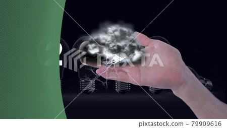 Dark clouds over hand over multiple light bulbs against green technology background Dark clouds over hand over multiple light bulbs against green technology background 79909616
