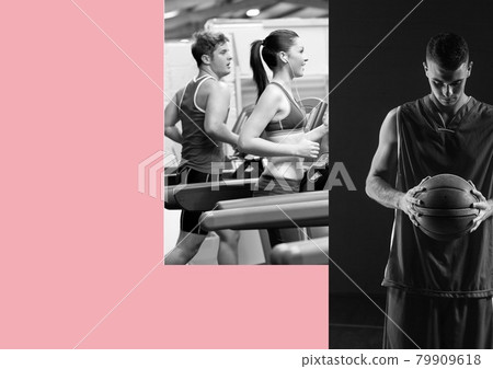 Collage of male basketball player over man and woman running on treadmill against pink background 79909618