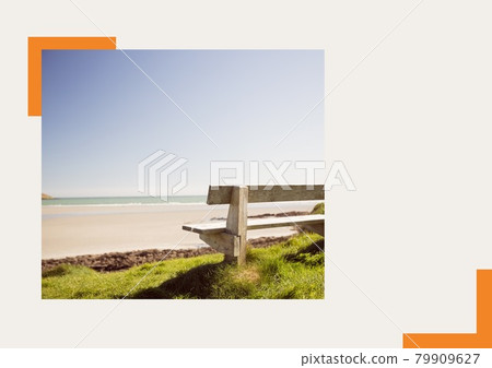 Photograph of a bench at the beach against grey background 79909627