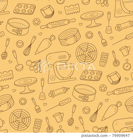 Seamless pattern with tools for making cakes, cookies and pastries. Doodle confectionery tools - stationary dough mixer, baking pans and pastry bag. Hand drawn vector illustration Seamless pattern with tools for making cakes, cookies and pastries. Doodle confectionery tools - stationary dough mixer, baking pans and pastry bag. Hand drawn vector illustration 79909647