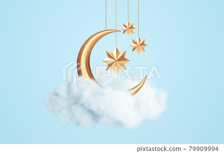 Crescent moon, golden stars and white clouds 3d style isolated on blue background. Dream, lullaby, dreams background design for banner, booklet, poster. Vector illustration Crescent moon, golden stars and white clouds 3d style isolated on blue background. Dream, lullaby, dreams background design for banner, booklet, poster. Vector illustration 79909994