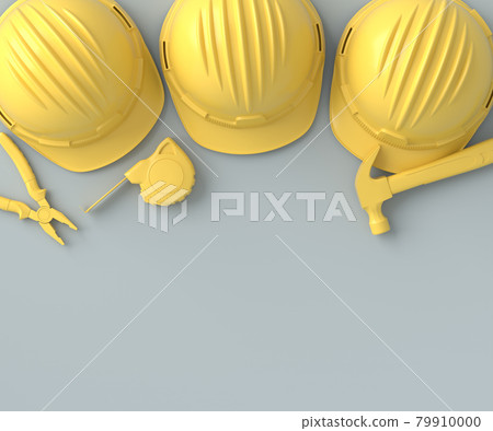 Top view of monochrome construction tools for repair on grey and yellow 79910000