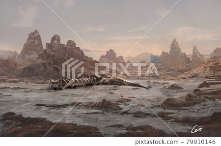 Painted fantasy landscape with castle and bones 79910146
