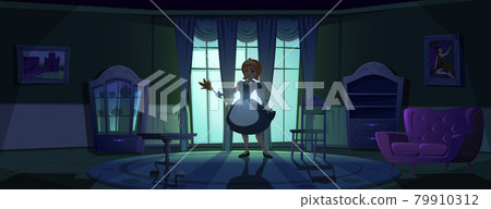 Maid in apron in dark living room at night 79910312