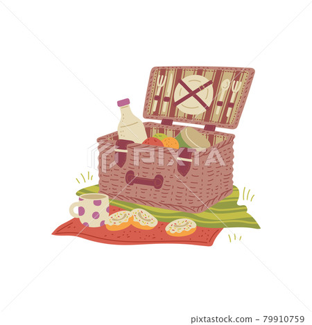 Wicker picnic basket on tablecloth with fresh food for lunch Wicker picnic basket on tablecloth with fresh food for lunch 79910759