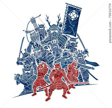Group of Samurai Warrior Ronin with Weapon and Armor Action Ready to Fight Cartoon Graphic Vector 79910779