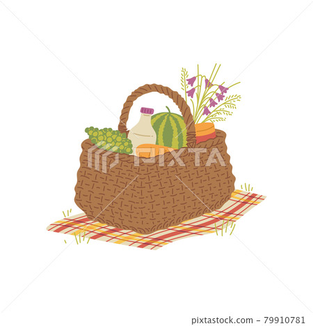Woven picnic basket with food and snacks, flat... - Stock Illustration ...