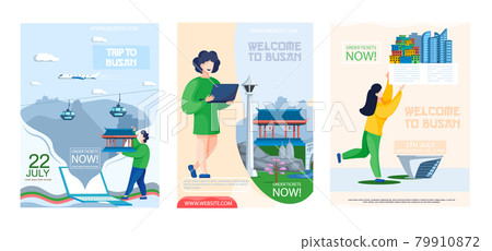 Welcome to Busan advertising banners. Modern constructions and traditional temple, landmark of city 79910872