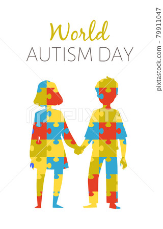 World autism day banner with kids silhouettes, flat vector illustration. 79911047