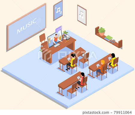 School education isometric with teacher and pupil at music lesson. Learning process in classroom 79911064