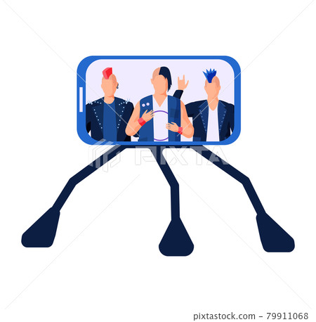 Smartphone on stand on white background with guys in rock clothes communicating, shoot video 79911068
