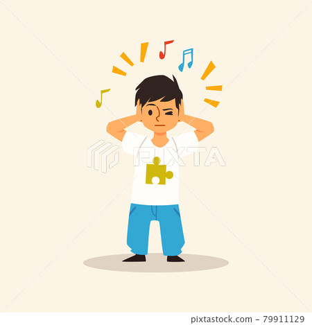 Child autist covers his ears from outer sounds flat vector illustration isolated. 79911129
