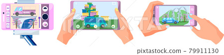 Hands holding tablet pc with car in town. Business presentation of best cars in Busan with minibus 79911130