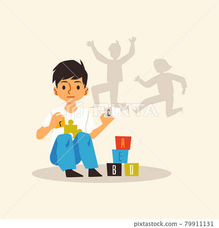 Alone kid boy with autism syndrome playing with toy cubes a vector illustration. Alone kid boy with autism syndrome playing with toy cubes a vector illustration. 79911131