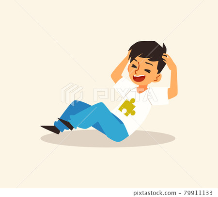 Child with autism sits on the floor and yells flat vector illustration isolated. Child with autism sits on the floor and yells flat vector illustration isolated. 79911133