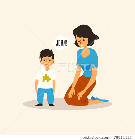 Mother communicating with son who has autism, flat vector illustration isolated. Mother communicating with son who has autism, flat vector illustration isolated. 79911135