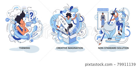 Creative thinking. People different mental mindset types or models creative. Imaginative non standard solution thinking Creative thinking. People different mental mindset types or models creative. Imaginative non standard solution thinking 79911139