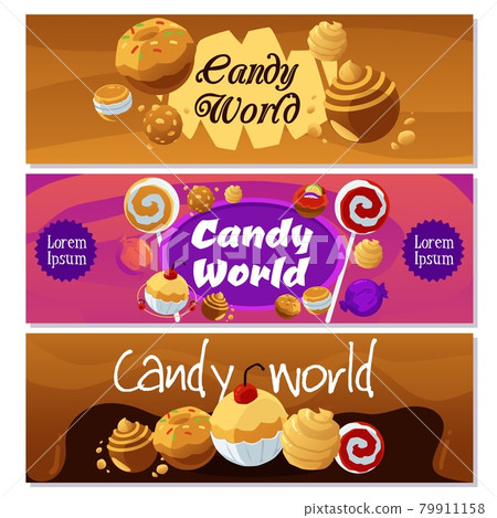 Set of backgrounds of caramel and fruity candy world, flat vector illustration. 79911158