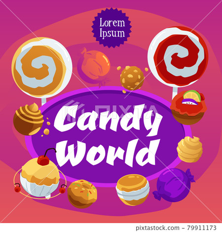 Candy world square banner with lollipops and candies, flat vector illustration. 79911173